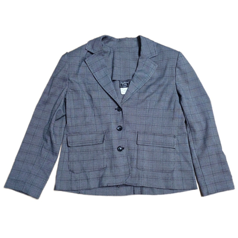 Vintage Southern Lady Petite Plaid Blazer Jacket Women's Size 12p Black Grey